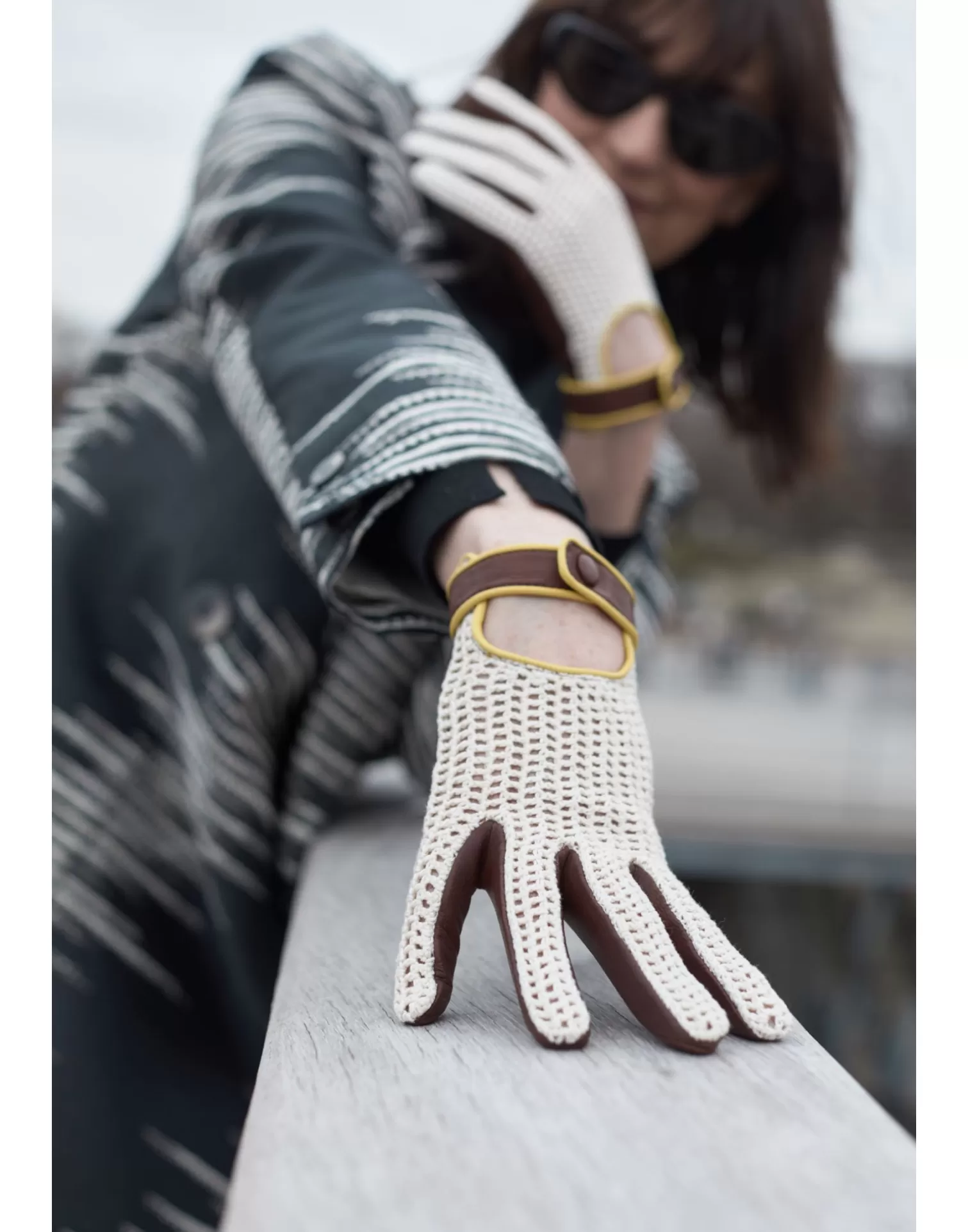 Agnelle Motorcycle & Bike Gloves | Biarritz Crochet Top Whisky/Ecru/Citron