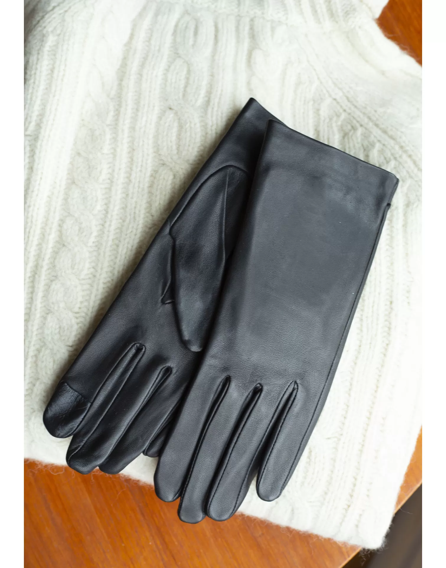 Agnelle Leather Gloves | Gant Dame Cuir Agneau Glace Classique Double 100% Cachemire Tnoir