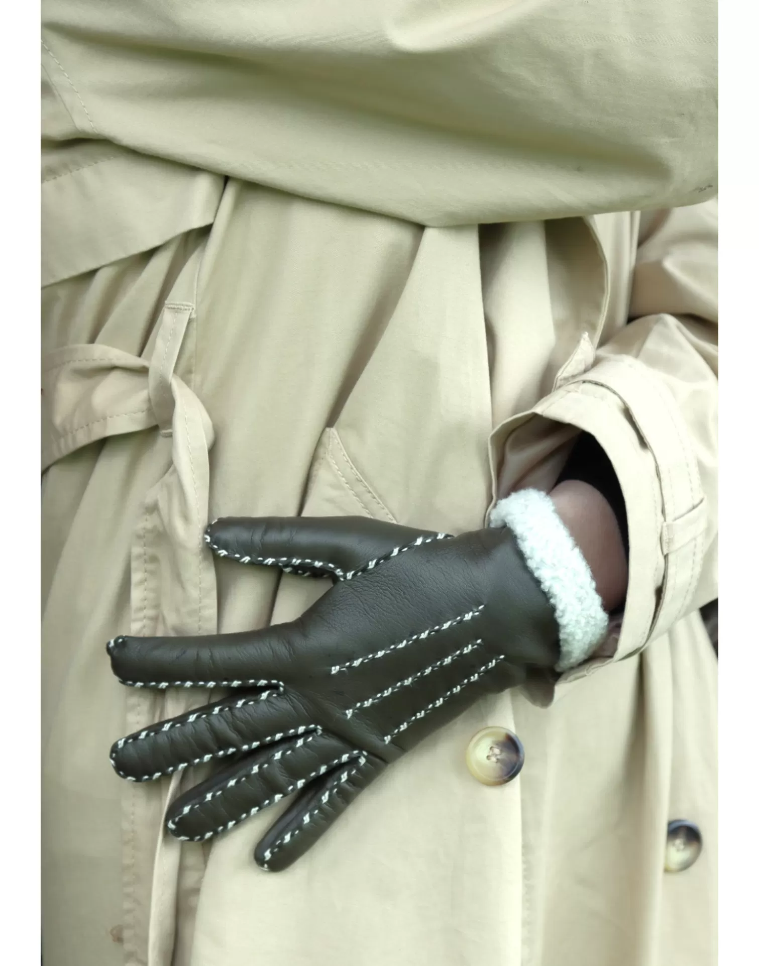 Agnelle Leather Gloves | Marie-Louise Alpaga Lining Kaki