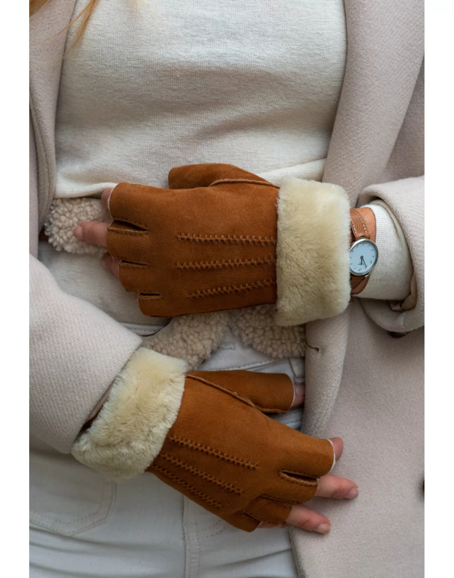 Agnelle Leather Gloves | Mitaine Dame Cuir Agneau Double Face Avec 3 Nervures Chestnut