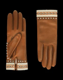 Women Agnelle Gant Dame Cuir Agneau Avec Oeillets & Pyramides Double Alpaga