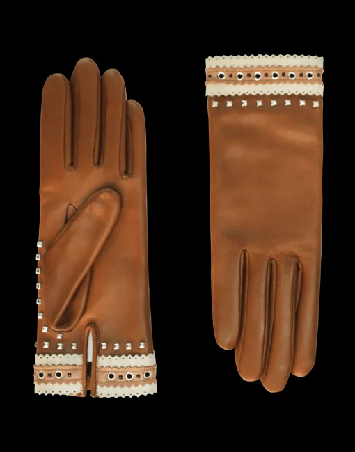 Women Agnelle Gant Dame Cuir Agneau Avec Oeillets & Pyramides Double Alpaga