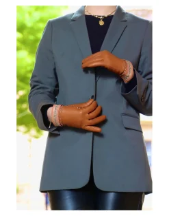 Women Agnelle Gant Dame Cuir Agneau Avec Oeillets & Pyramides Double Alpaga