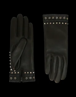 Women Agnelle Gant Dame Cuir Agneau Avec Oeillets & Pyramides Double Alpaga