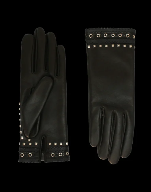 Women Agnelle Gant Dame Cuir Agneau Avec Oeillets & Pyramides Double Alpaga