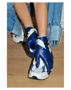 Women Agnelle Gant Dame Cuir Agneau Glace Avec Patchs Blancs Double Alpaga